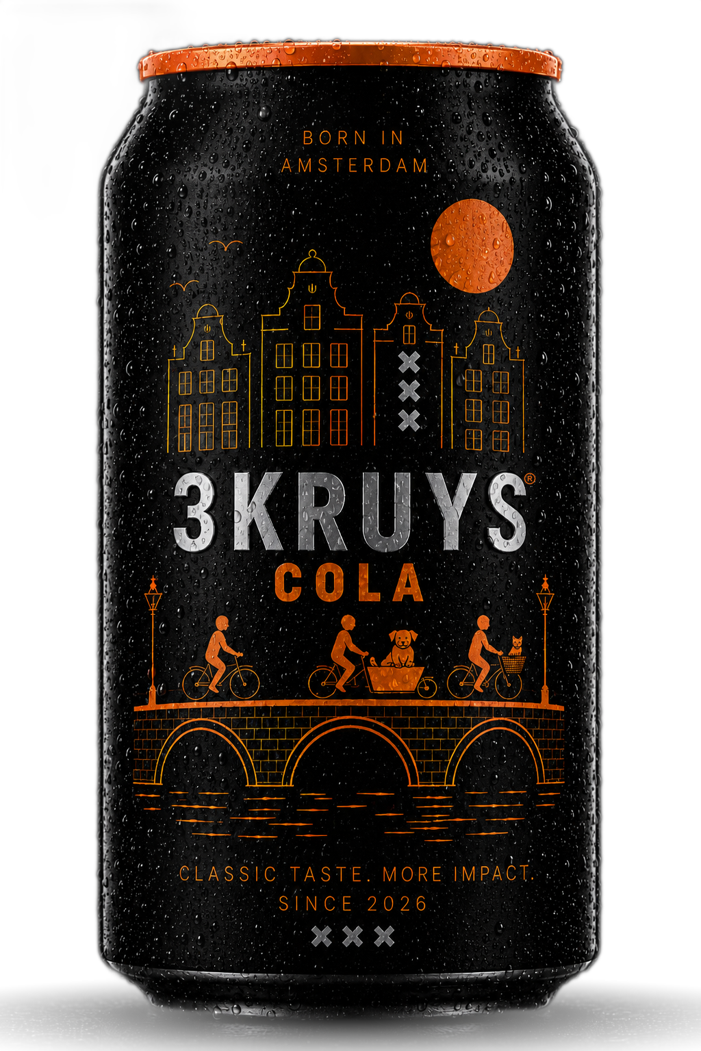 Can of 3Kruys Cola with skyline and bridge illustration